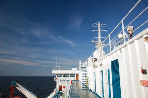 Ship deck view, ocean in a sunny day 스톡 사진