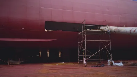 Ship on drydock during renovation Stock Footage 105805068