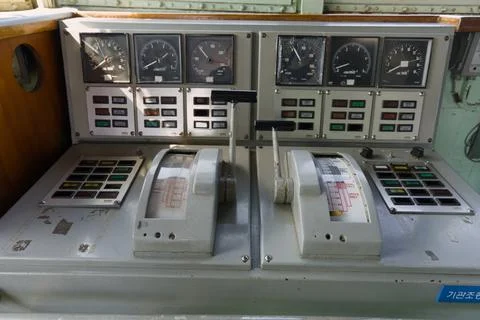 Ship Engine Telegraph Control Lever on Bridge Panel Stock Photos
