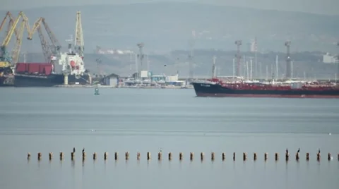 Ship entering a harbour Stock Footage 22037629