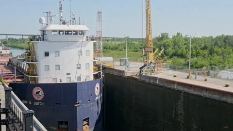 A ship is entering a lock on the welland canals in St Catharrines Ontario Canada Stock Footage 201604063