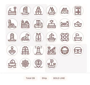 Ship Essential Vector Set including 28 Pixel Optimized Bold Line 128x128 Icon Stock Illustration