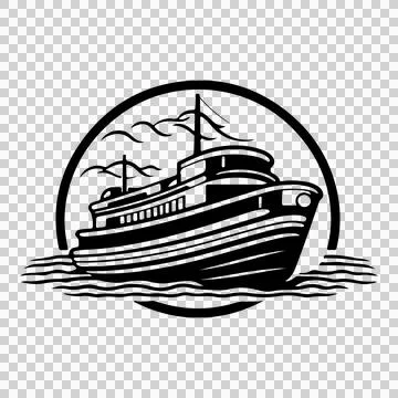 Ship Ferry In Circular Frame floating water clouds circle Stock Illustration