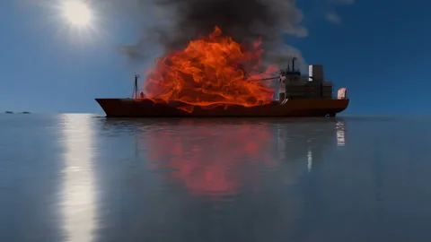 The ship is on fire. Stock Footage 342030789