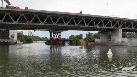 Ship float under urban bridge on the river. Moscow Stock Footage 39667282
