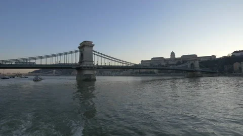 Ship floating under the Chain Bridge in Budapest Stock Footage 48952596