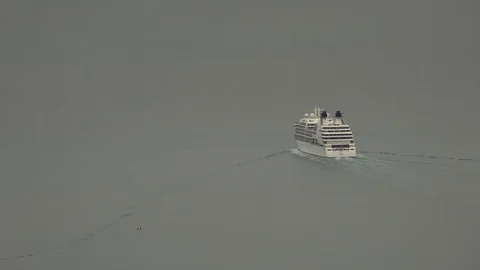 The ship floats in the ocean. 4K. Stock Footage 72128470