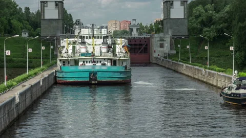 Ship In Front Of Gate Of Sluice Moscow Canal In Moscow, Russia. . Stock Footage 157472188