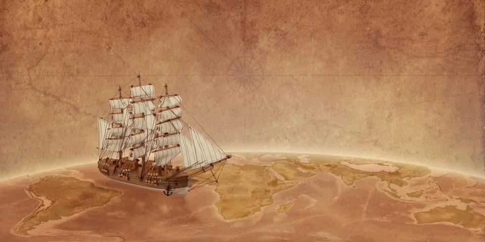 Ship on globe concept with old map paper in the background. Travel through th Foto stock