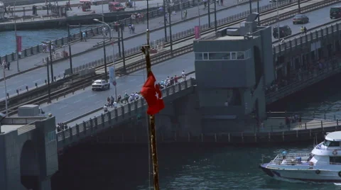 Ship goes under Galata Bridge in Istanbul, Turkey Stock Footage 57252016