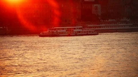 Ship is Going on River at Sunset Stock Footage 90789729