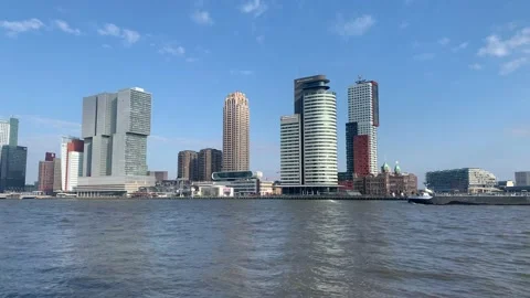 Ship is going through Meuse river at Rotterdam city centre. Netherlands Stock Footage 237879653