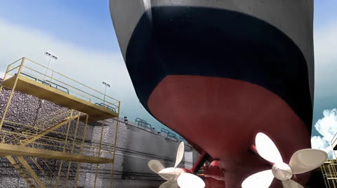 A ship inside drydock, repair, damage, maintainance, service. Stock Footage 24818712