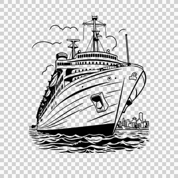 Ship Large Passenger Front View Sketch sailing waves clouds Stock Illustration