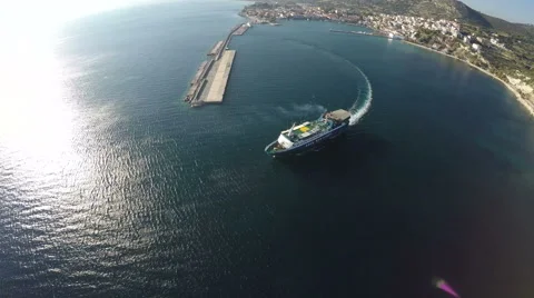 Ship Leaving the Port of Pythagorio in Samos Island Aerial Stock Footage 58166200