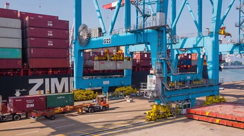 Ship Loading and unloading in Haifa Port Stockbeeldmateriaal 49467241