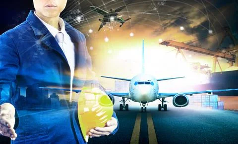 Ship loading container in import - export pier and air cargo plane approach i 写真素材