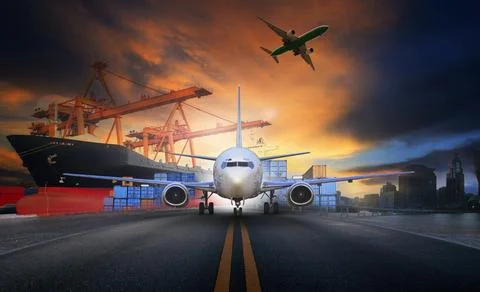 Ship loading container in import - export pier and air cargo plane approach.. Stock Photos