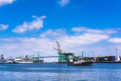Ship loading docks in harbor Stock Photos