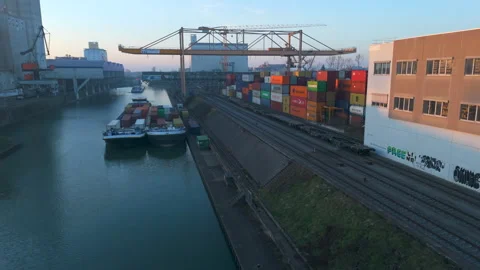 Ship loading station Basel Rhine Harbor in soft evening sun light Video stock 306038265