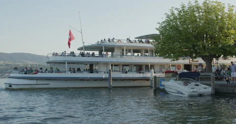 The ship made a stop at the pier, Staffa, Zurich Lake, 4k DCI. Stock Footage 200301161