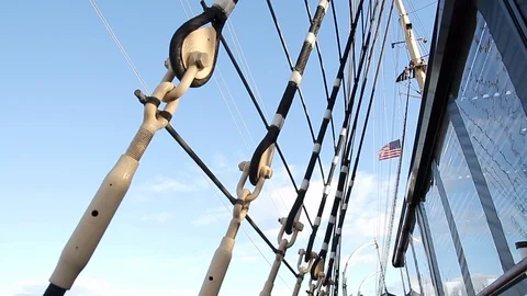 Ship mast and Ratlines Dynamic American Flag Stock Footage 91013687