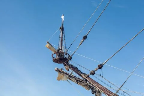 Ship mast and rigging on an old galleon navy vessel Stock Photos