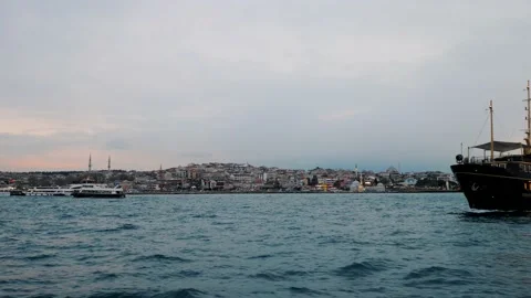 Ship with masts sail past the Bosphorus Strait Stock Footage 201965634