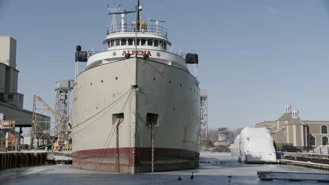Ship moored in dock in Cleveland, OH winter frozen lake Stock Footage 89945016