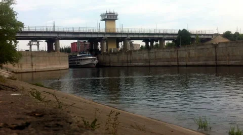 Ship moves along the river from the Gateway Stock Footage 41312360