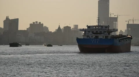Ship moving along Shanghai bund Stock Footage 50062001