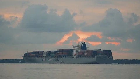 Ship moving and docking during sunset at Port Klang Video stock 99795963