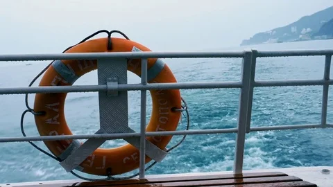 Ship is moving on the sea leaving behind a water trace Stock Footage 84810482