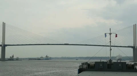 Ship navigating under the Dartford Crossing Stock Footage 64103872