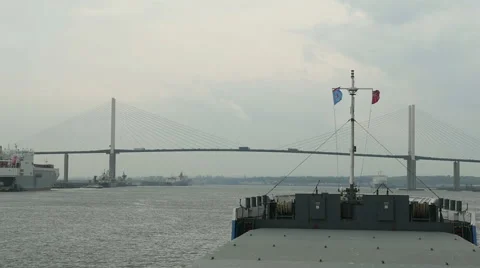 Ship navigating under the Dartford Crossing Stock Footage 64103889