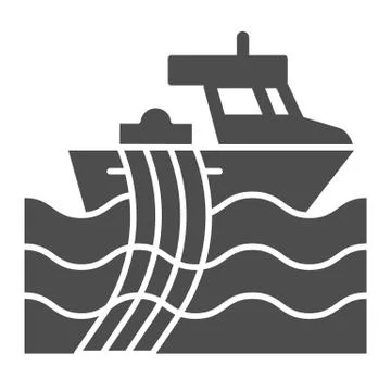 Ship with nets solid icon. Fising vessel illustration isolated on white. Trawler Stock Illustration