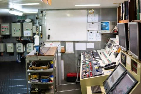 Ship or vessel engine control room ECR. start engine Stock Photos