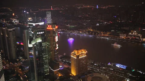 Ship over the Huangpu River and cityscape of Shanghai at night , China Stock Footage 38679671