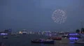 Ship parade with fireworks in blue illuminated Hamburg harbour HD Footage