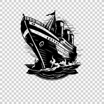Ship Passenger Sailing Through Waves funnels woodcut Stock Illustration