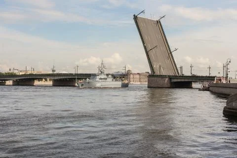 The ship passes the Foundry Bridge. Stock Photos