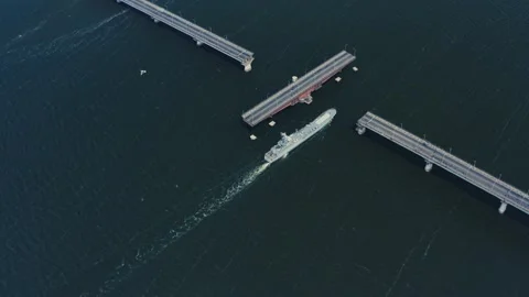 The ship passes the open bridge. Rapid flow of water. aerial photography from a Stock Footage 144672592