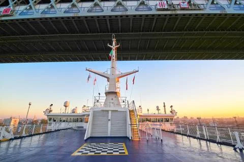 The ship passes under the bridge, view from the upper deck Stock Photos