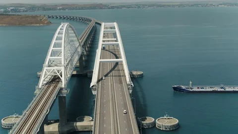 The ship passes under the Crimean Bridge Stock Footage 230159083