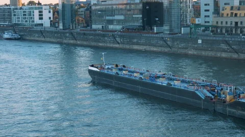 A Ship Passing By Cologne Rhein River Stock Footage 96239567