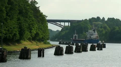Ship passing Kiel Canal Stock Footage 12669747