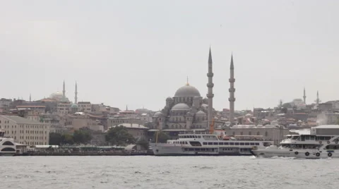 Ship Passing Mosques on Bosphorus Stock Footage 57818901