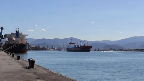 SHIP PASSING BY SANTOS PORT Stockbeeldmateriaal 77149002
