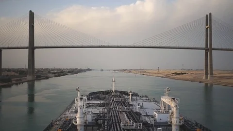 Ship passing through Suez Canal under Salam bridge. Stock Footage 77370119