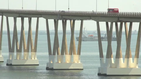 Ship passing under the bridge 1 Stock Footage 34417795